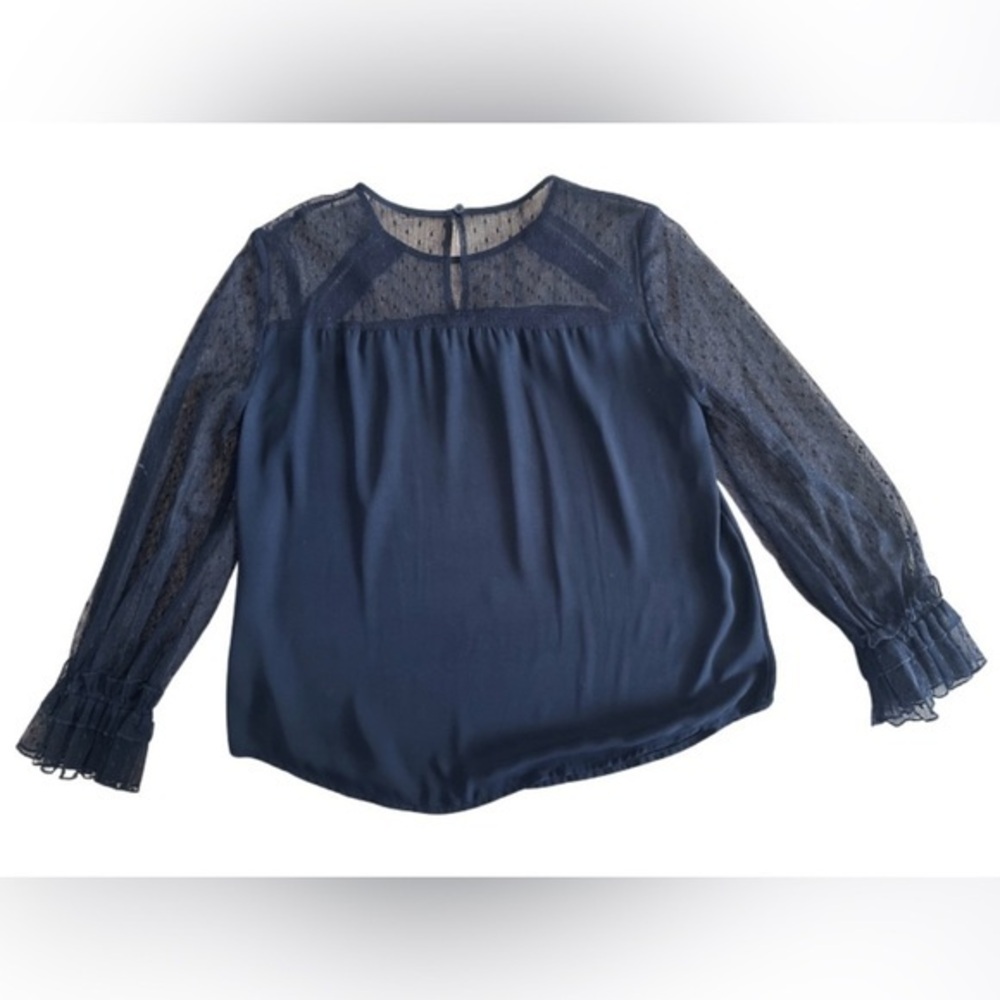 LOFT Black Sheer Sleeve Blouse Ruffle Detail | Size Medium Petite